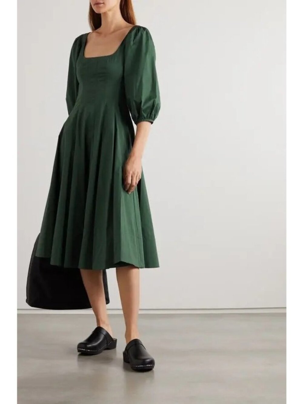 Staud Swells Pleated Cotton-Poplin Midi Dress, Cypress, Women Size 00